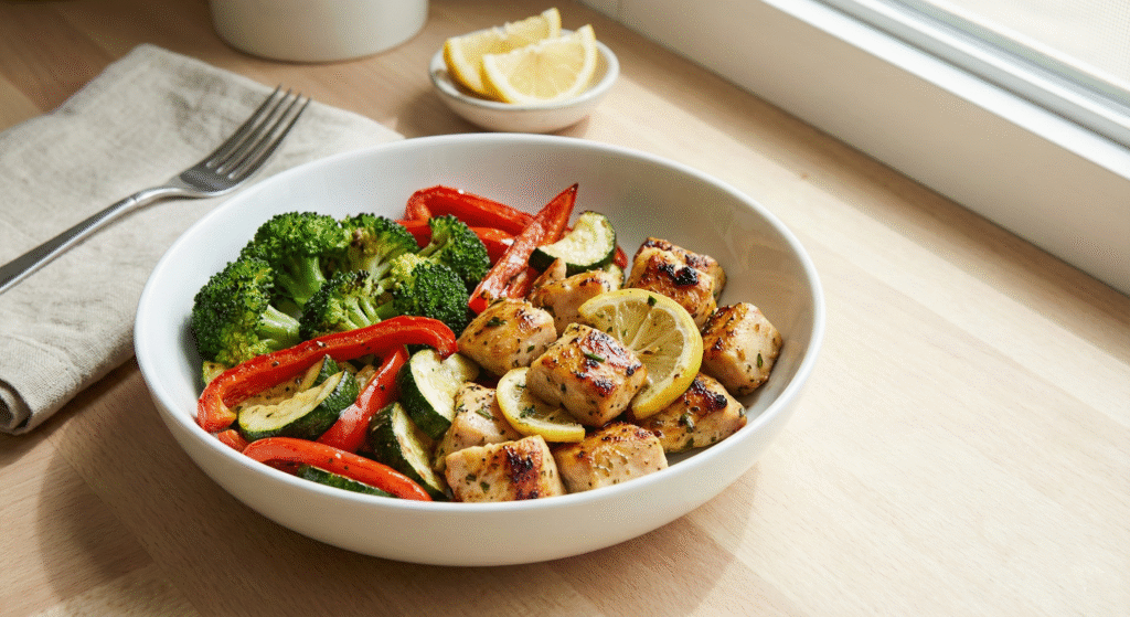 Chicken breast and mixed vegetables cooking in an air fryer basket, showing golden-brown texture for a quick and healthy weeknight dinner.